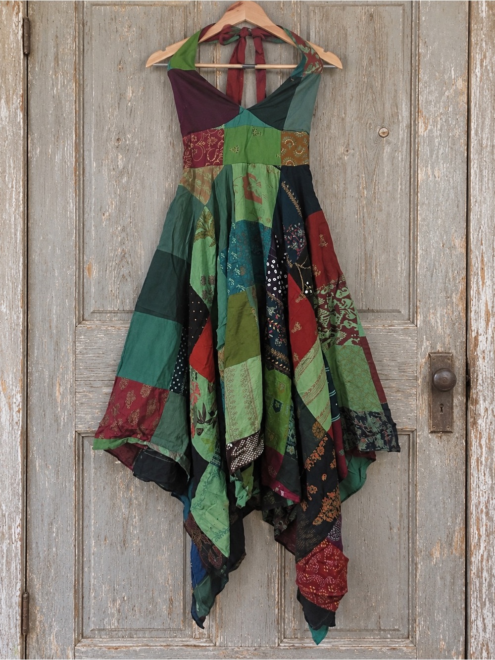 Bohemian Patchwork Green Multi Halter Dress